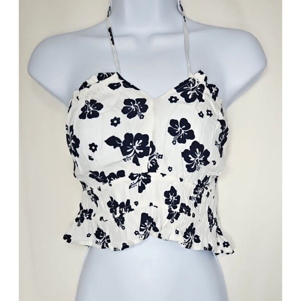 Garage Womens White Floral Halter Crop Top Ruffle Hem Size Large NWT